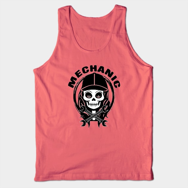 Female Mechanic Skull and Spanners Black Logo Tank Top by Nuletto